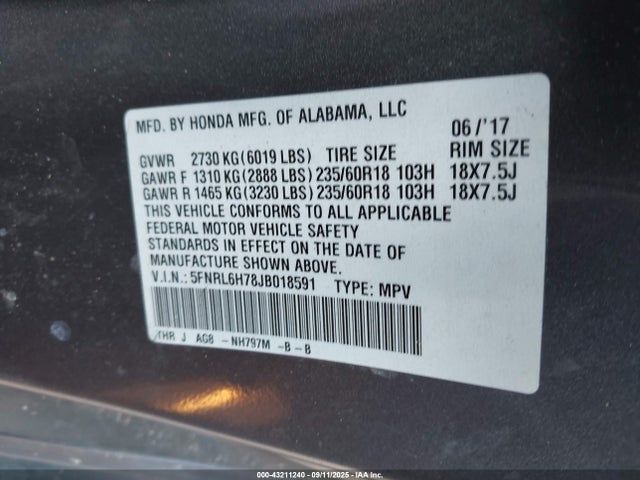 5FNRL6H78JB018591 Honda j35y7