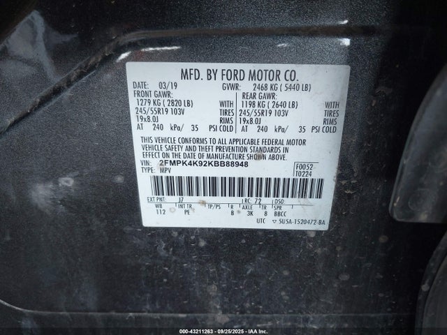 2FMPK4K92KBB88948 Ford 2.0l gtdi w/premium fuel