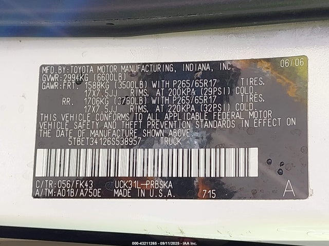 Продаж на аукціоні авто 2006 Toyota Tundra Sr5 V8, vin: 5TBET34126S538957, номер лоту: 43211265
