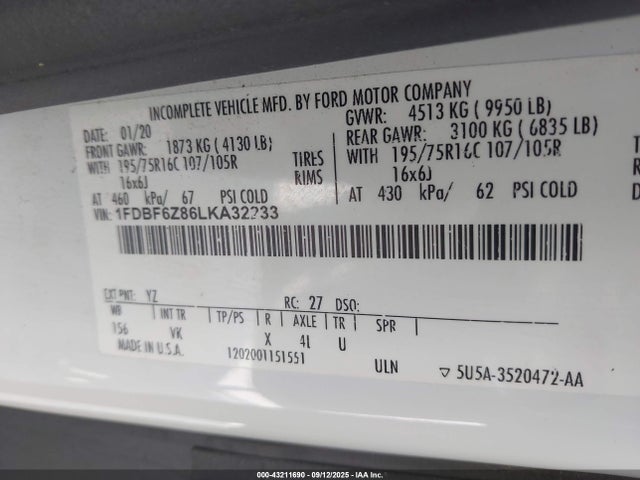 2020 Ford Transit-350 Cab მანქანა იყიდება აუქციონზე, vin: 1FDBF6Z86LKA32233, აუქციონის ნომერი: 43211690
