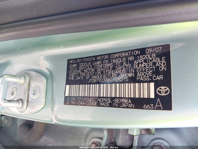 Aukcja sprzedaży 2008 Toyota Yaris, vin: JTDBT923881198215, numer aukcji: 43211734