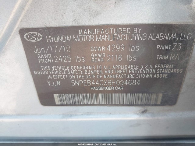 Aukcja sprzedaży 2011 Hyundai Sonata Gls, vin: 5NPEB4ACXBH094684, numer aukcji: 43211809