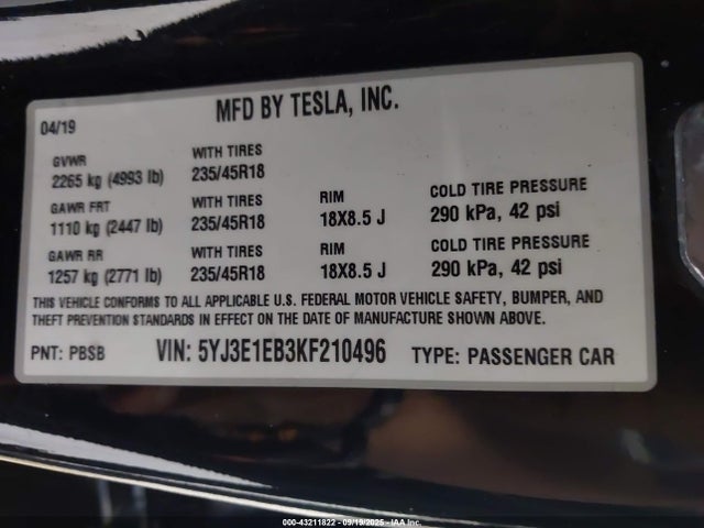 Tesla 2019 2019 5YJ3E1EB3KF210496 Image 9