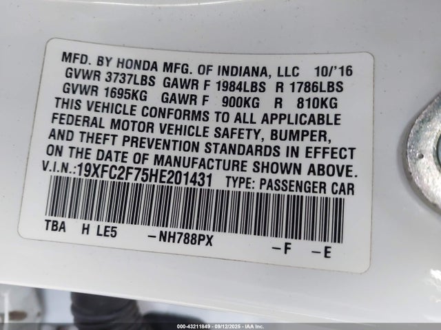 Honda k20c2 2017 19XFC2F75HE201431 Image 9