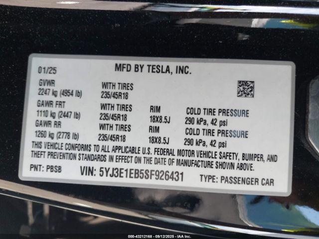 2025 TESLA MODEL 3 5YJ3E1EB5SF926431 Photo 8