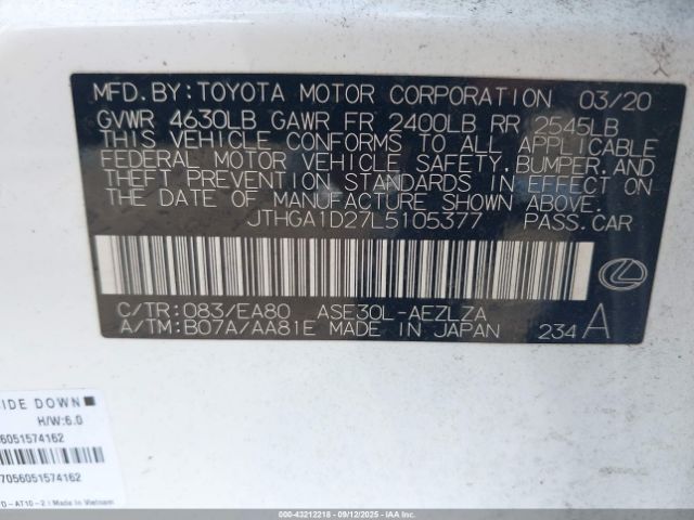 2020 LEXUS IS 300 JTHGA1D27L5105377 Photo 8