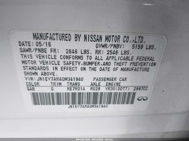 Aukcja sprzedaży 2016 Infiniti Q50 3.0t Premium, vin: JN1EV7AR4GM341940, numer aukcji: 43212258