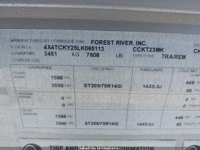 4X4TCKY25LK065113 Forest River Cherokee