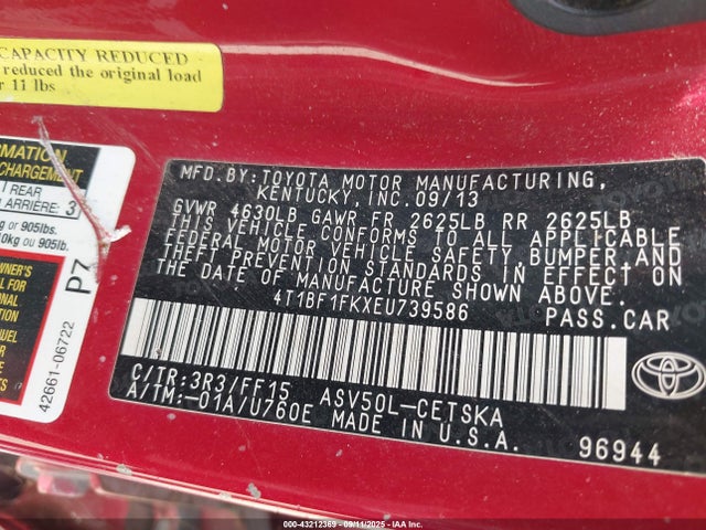 4T1BF1FKXEU739586 Toyota 2ar-fe