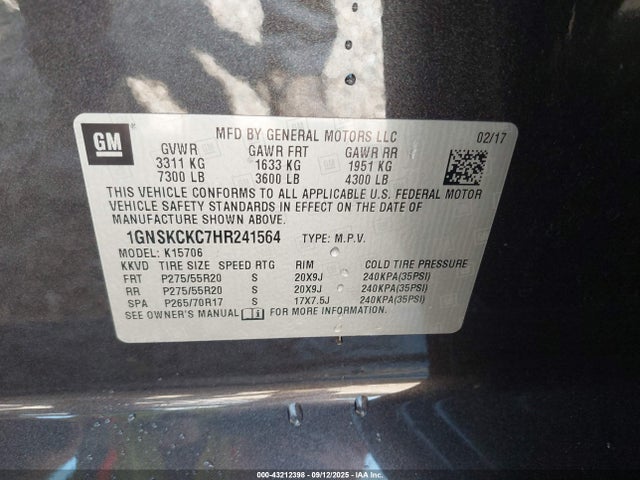1GNSKCKC7HR241564 Chevrolet l83 - sidi: spark ignited direct injection, vvt: variable valve timing, afm, e85 max, alum