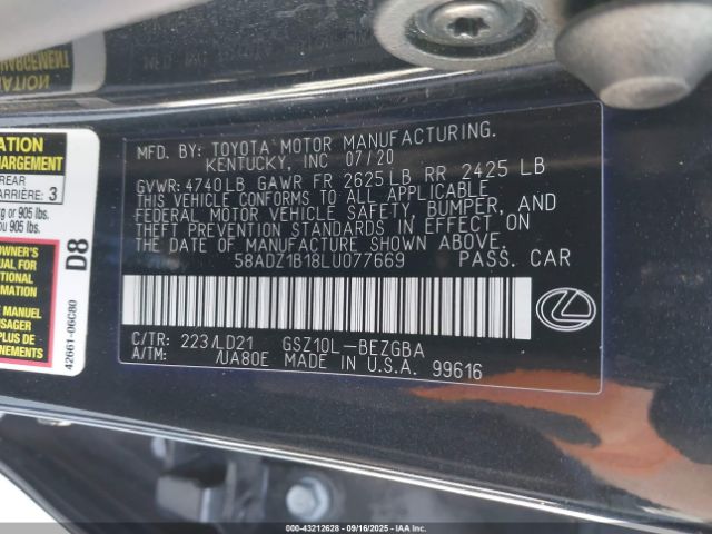 2020 LEXUS ES 350 58ADZ1B18LU077669 Photo 8