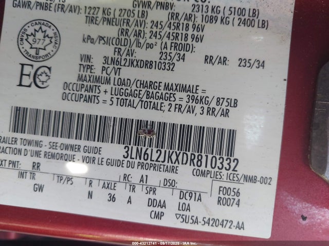 Aukcja sprzedaży 2013 Lincoln Mkz, vin: 3LN6L2JKXDR810332, numer aukcji: 43212741