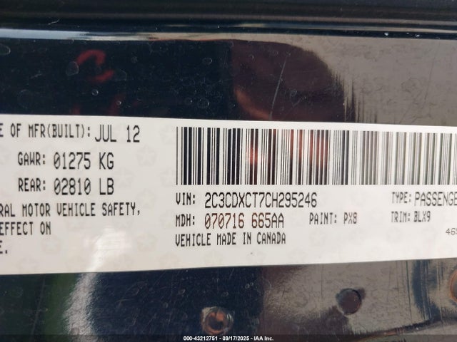 43212751 :رقم المزاد ، 2C3CDXCT7CH295246 vin ، 2012 Dodge Charger R/t مزاد بيع