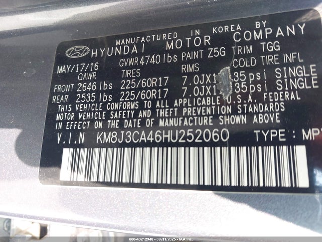 Aukcja sprzedaży 2017 Hyundai Tucson Se, vin: KM8J3CA46HU252060, numer aukcji: 43212948