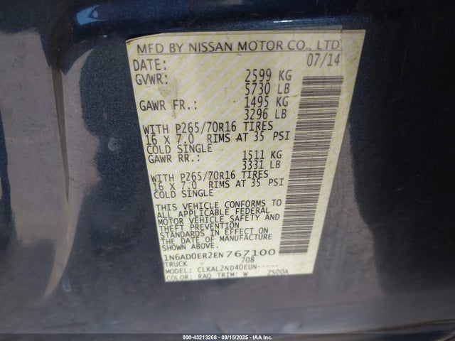 1N6AD0ER2EN767100 Nissan Frontier