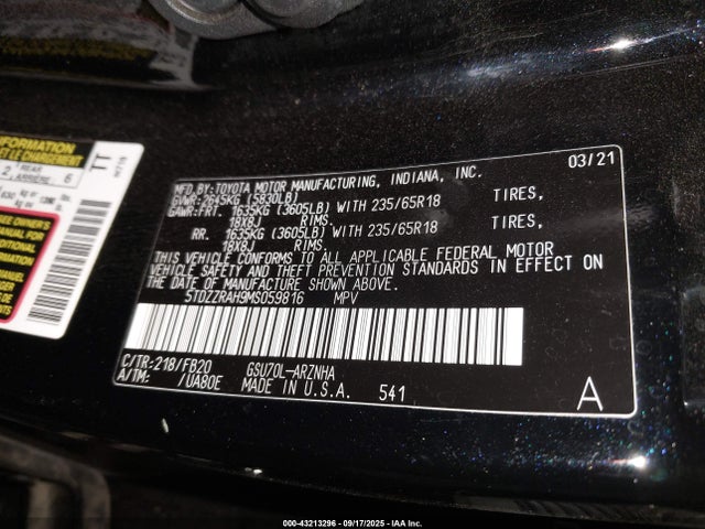5TDZZRAH9MS059816 Toyota 2gr-fks