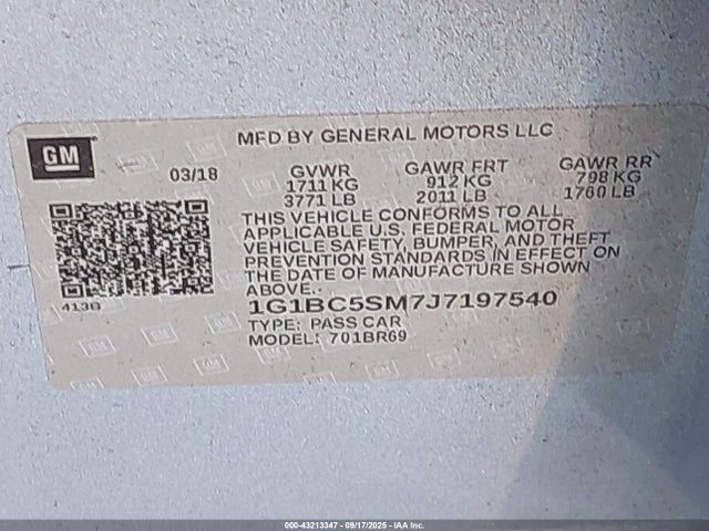 1G1BC5SM7J7197540 Chevrolet le2 -di: direct injection, vvt: variable valve timing, gen, alum