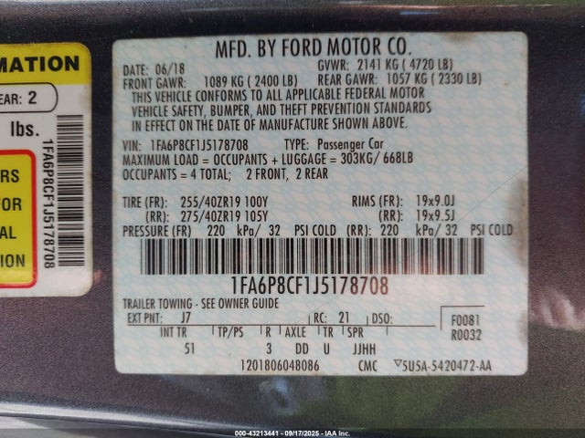 Ford 5.0l 4v premium fuel 2018 1FA6P8CF1J5178708 Image 9