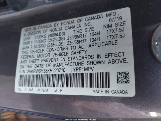 2HKRW6H38KH223710 Honda k24w9/k24v9