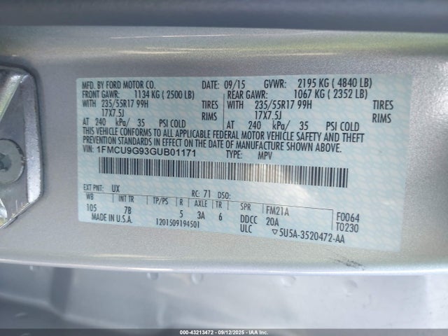 1FMCU9G93GUB01171 Ford 2016