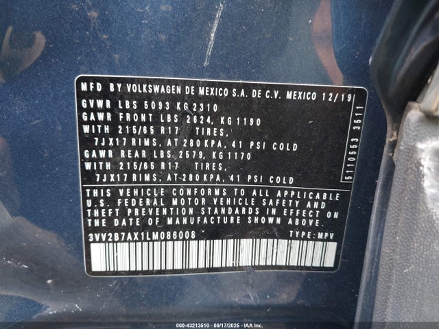 3VV2B7AX1LM086008 Volkswagen 2020