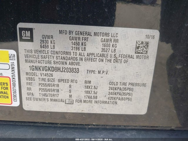 1GNKVGKD8HJ203833 Chevrolet llt - sidi: spark ignited direct injection, alum, 60 degrees