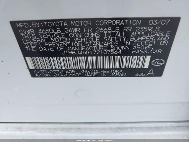 43213595 :رقم المزاد ، JTHBJ46G172107864 vin ، 2007 Lexus Es 350 مزاد بيع