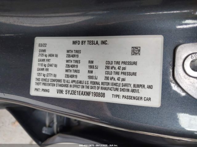 2022 TESLA MODEL 3 5YJ3E1EAXNF190808 Photo 8