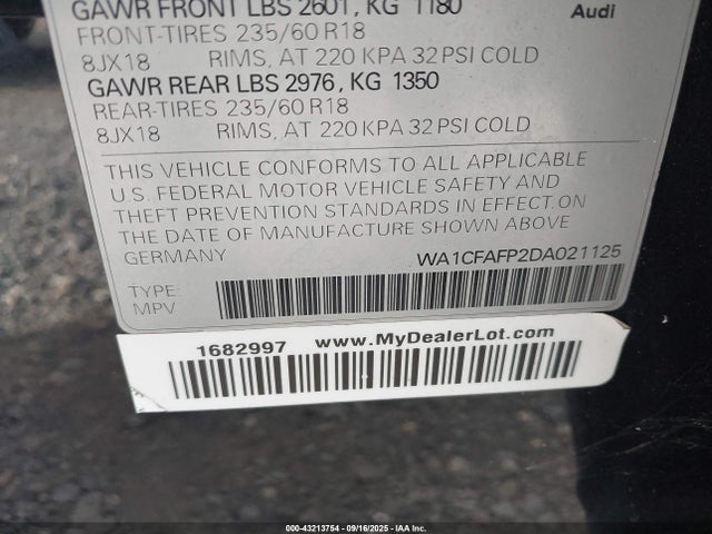 43213754 :رقم المزاد ، WA1CFAFP2DA021125 vin ، 2013 Audi Q5 2.0t Premium مزاد بيع