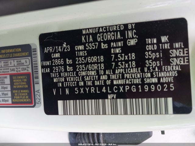 5XYRL4LCXPG199025 KIA gdi theta-iii