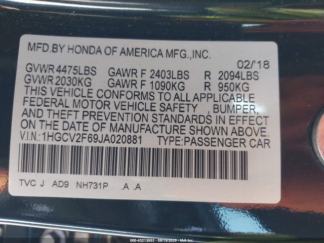 1HGCV2F69JA020881 Honda k20c4