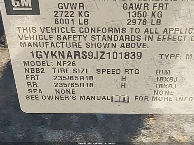2018 Cadillac Xt5 Standard მანქანა იყიდება აუქციონზე, vin: 1GYKNARS9JZ101839, აუქციონის ნომერი: 43214017