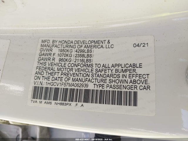 1HGCV1F57MA062939 Honda l15be