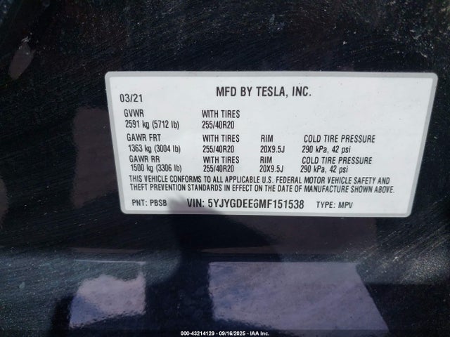 2021 TESLA MODEL Y 5YJYGDEE6MF151538 Photo 8