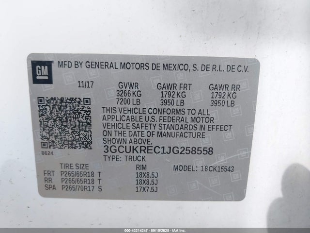3GCUKREC1JG258558 Chevrolet l83 - sidi: spark ignited direct injection, vvt: variable valve timing, afm, e85 max, alum