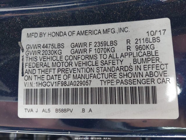 1HGCV1F98JA029057 Honda l15be
