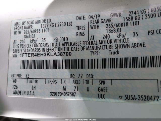 1FTER4EH3KLA38700 Ford 2019