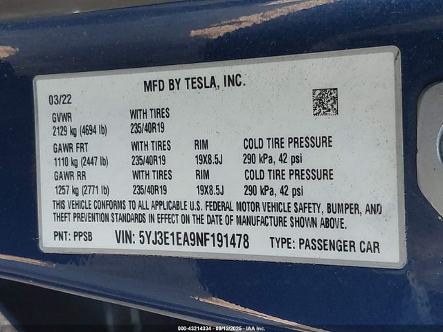 2022 TESLA MODEL 3 5YJ3E1EA9NF191478 Photo 8