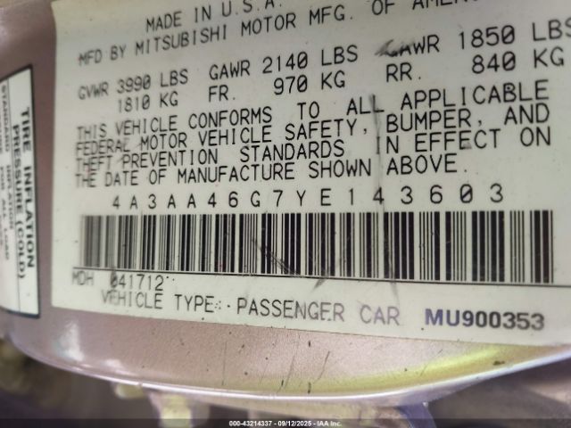 2000 MITSUBISHI GALANT 4A3AA46G7YE143603 Photo 8