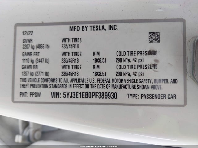 Продаж на аукціоні авто 2023 Tesla Model 3 Long Range Dual Motor All-wheel Drive, vin: 5YJ3E1EB0PF389930, номер лоту: 43214378