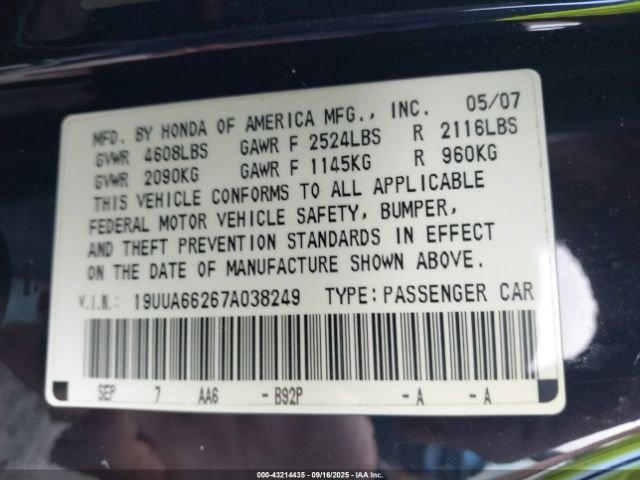 2007 ACURA TL 19UUA66267A038249 Photo 8