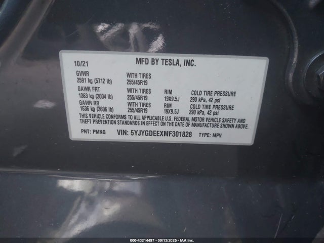 2021 TESLA MODEL Y 5YJYGDEEXMF301828 Photo 8