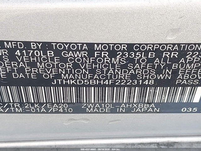 43214665 :رقم المزاد ، JTHKD5BH4F2223148 vin ، 2015 Lexus Ct 200h مزاد بيع