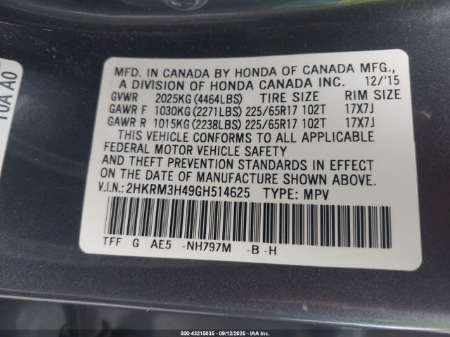 Honda k24w9 2016 2HKRM3H49GH514625 Image 9