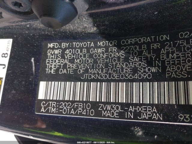 JTDKN3DU3E0364090 Toyota 2zr-fxe+3jm