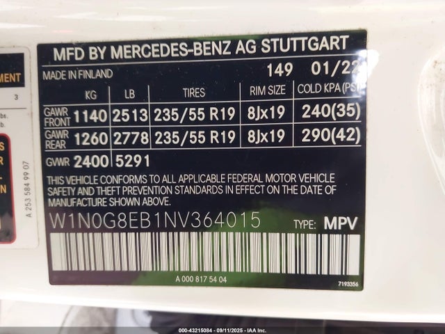 W1N0G8EB1NV364015 Mercedes-Benz m274