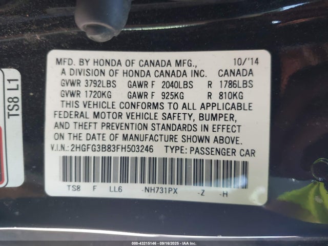 Honda r18z1 2015 2HGFG3B83FH503246 Image 9