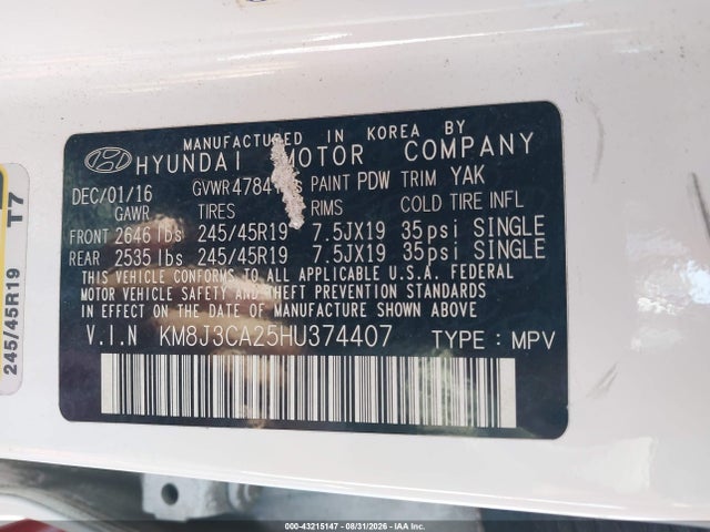 Продаж на аукціоні авто 2017 Hyundai Tucson Sport, vin: KM8J3CA25HU374407, номер лоту: 43215147