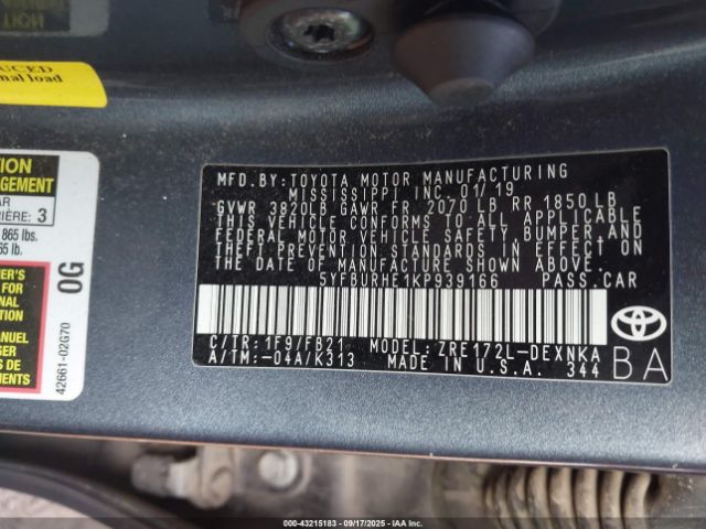2019 TOYOTA COROLLA 5YFBURHE1KP939166 Photo 8