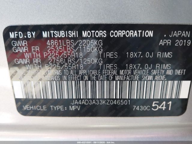 2019 MITSUBISHI OUTLANDER JA4AD3A33KZ046501 Photo 8